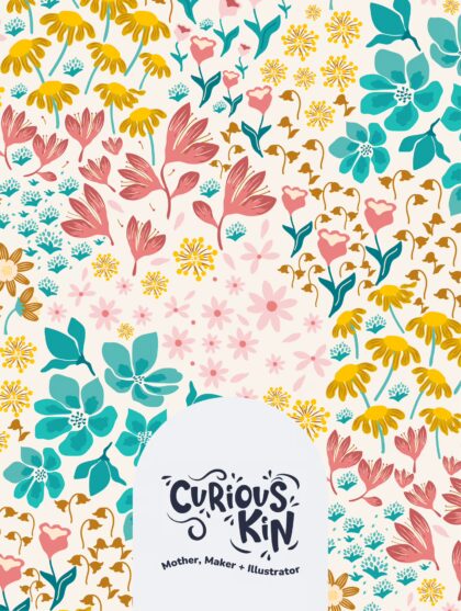 Curious Kin's seamless pattern swatch for fabric printing on demand - enchanted meadow with spring blossoms and daisies in a scatter pattern