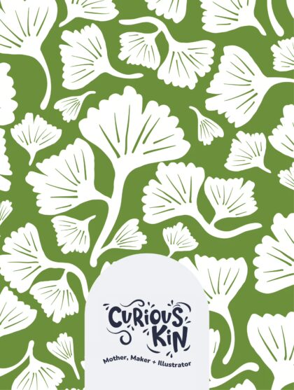 Curious Kin's seamless pattern swatch for fabric printing on demand - white ginkgo leaves on a green background
