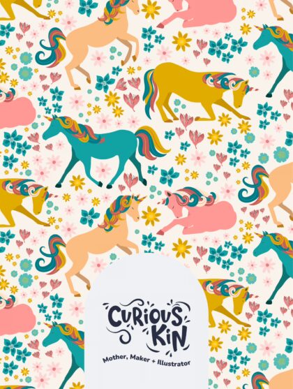 Curious Kin's seamless pattern swatch for fabric printing on demand - unicorns in meadow of spring flowers from enchanted meadow pattern