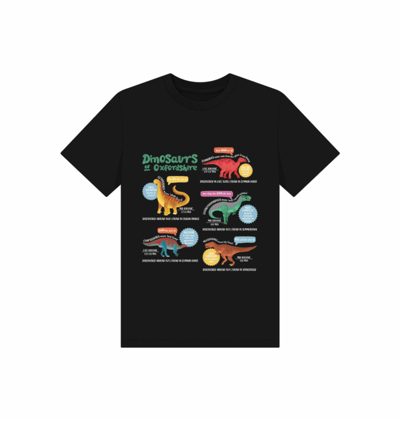 Dinosaurs of Oxfordshire, fun fact organic printed t-shirt, child size, black - Image 2