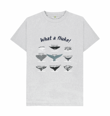 Grey regular fit t-shirt with 9 whale fluke tails and the title what a fluke!
