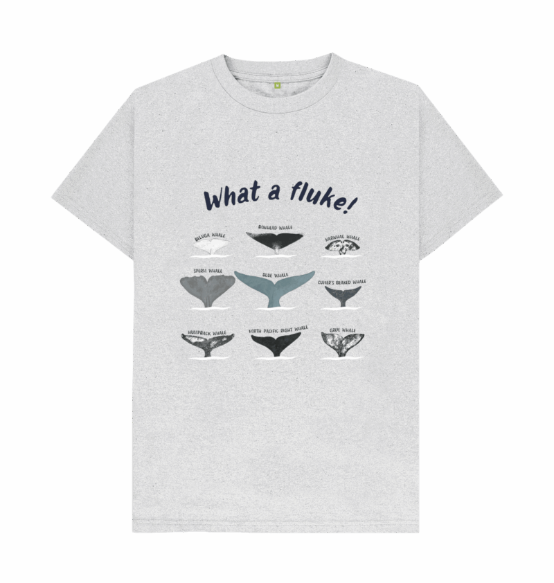 Grey regular fit t-shirt with 9 whale fluke tails and the title what a fluke!