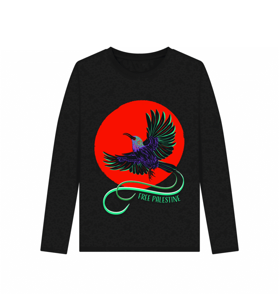 womens regular organic black long sleeved t-shirt with sunbird flying through red sun and the words free palestine - raising money for map