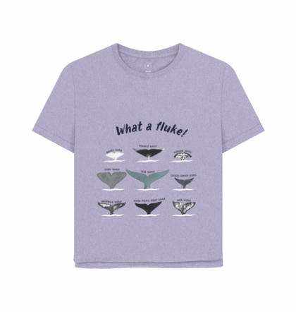 Lilac relaxed fit womens t-shirt with 9 whale fluke tails and the title what a fluke!