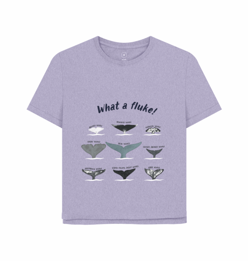 Lilac relaxed fit womens t-shirt with 9 whale fluke tails and the title what a fluke!