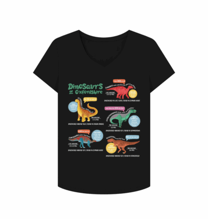 Womens black v-neck tshirt with dinosaurs of oxfordshire fun fact poster design by curious kin printed on it.