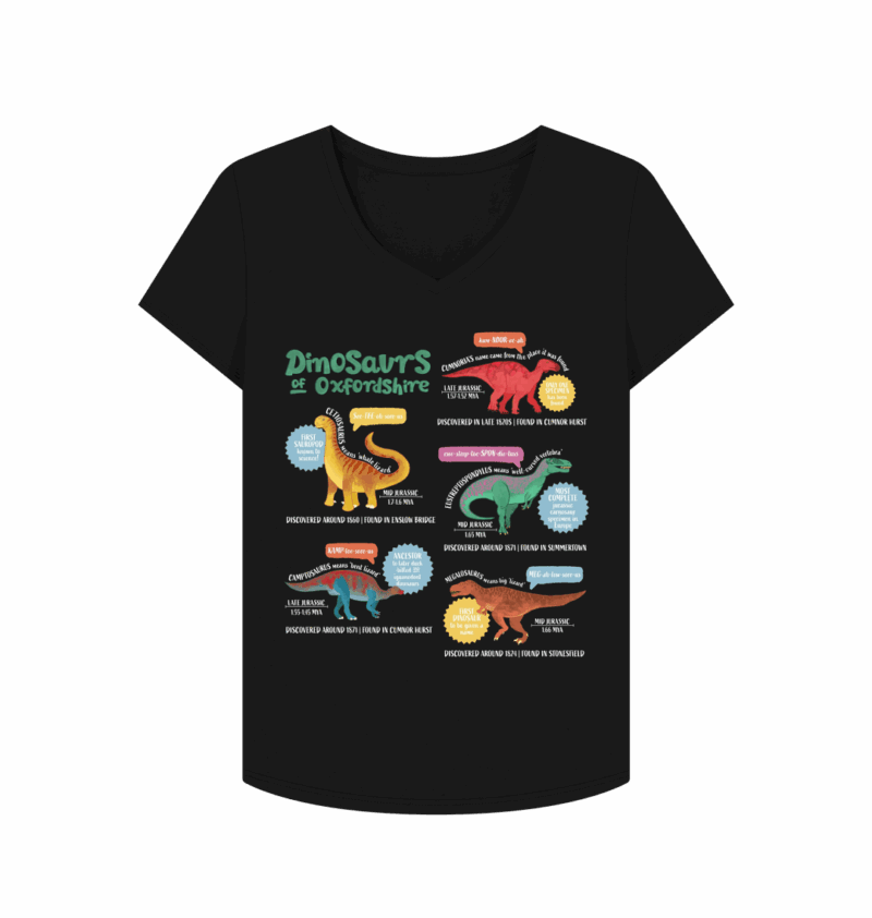 Womens black v-neck tshirt with dinosaurs of oxfordshire fun fact poster design by curious kin printed on it.