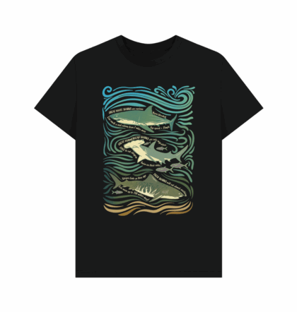 Mens regular fit black tshirt with Curious Kin's great sharks fun fact design printed on it hearing great white shark, greater hammerhead shark and tiger shark