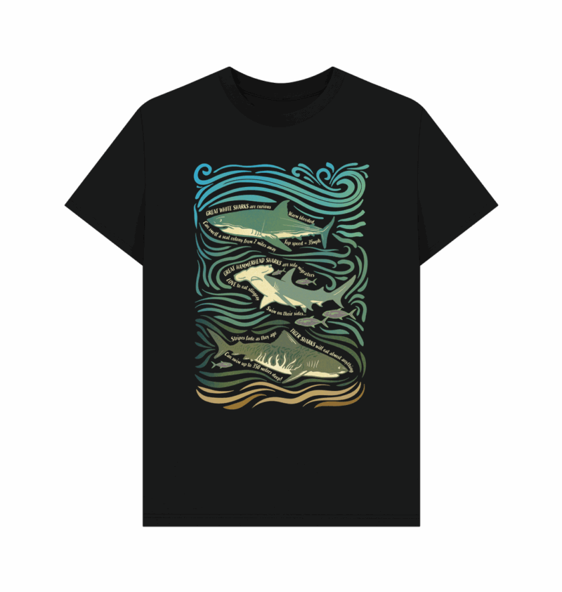 Mens regular fit black tshirt with Curious Kin's great sharks fun fact design printed on it hearing great white shark, greater hammerhead shark and tiger shark