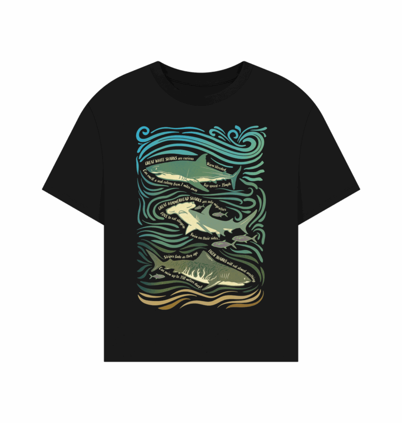 Great Sharks Fun Facts printed organic womens relaxed fit t-shirt