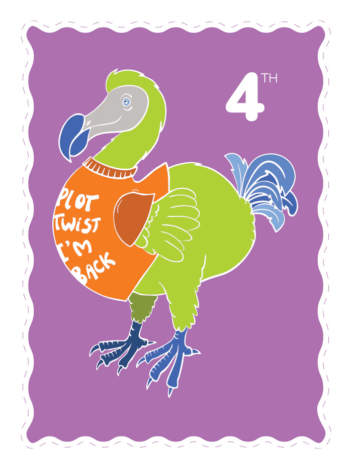 illustrated dodo on a 4th class stamp wearing a t-shirt that says plot twist i'm back