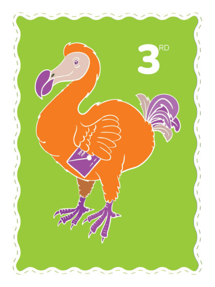 Illustrated dodo stamp 3rd in orange, green and purple