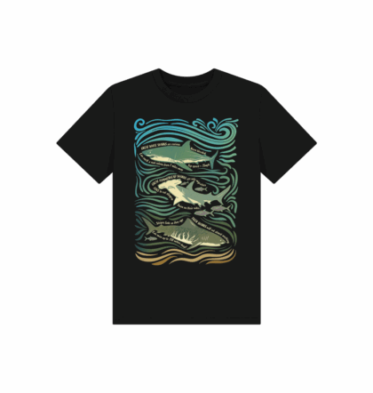 Childs black tshirt with Curious Kin's great sharks fun fact design printed on it hearing great white shark, greater hammerhead shark and tiger shark