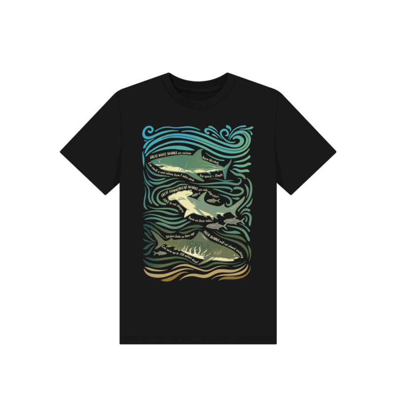 Childs black tshirt with Curious Kin's great sharks fun fact design printed on it hearing great white shark, greater hammerhead shark and tiger shark