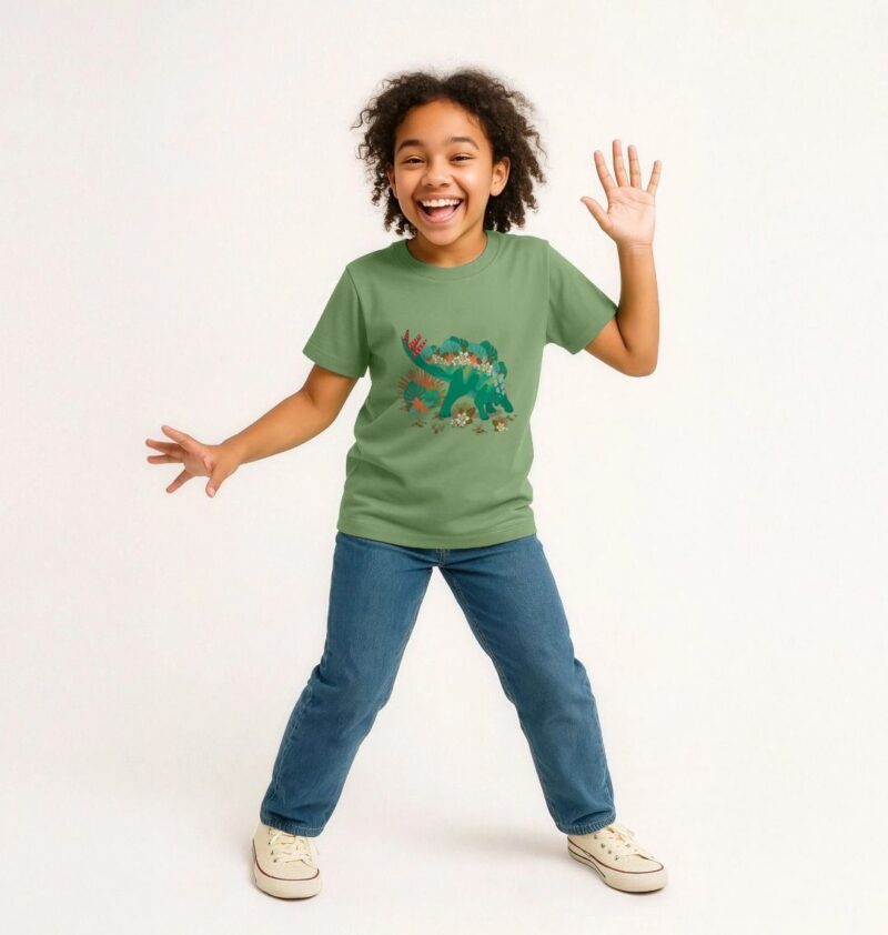 child wearing green tshirt with stegosaurus illustration on