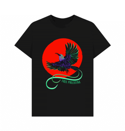 regular organic black t-shirt with sunbird flying through red sun and the words free palestine - raising money for map