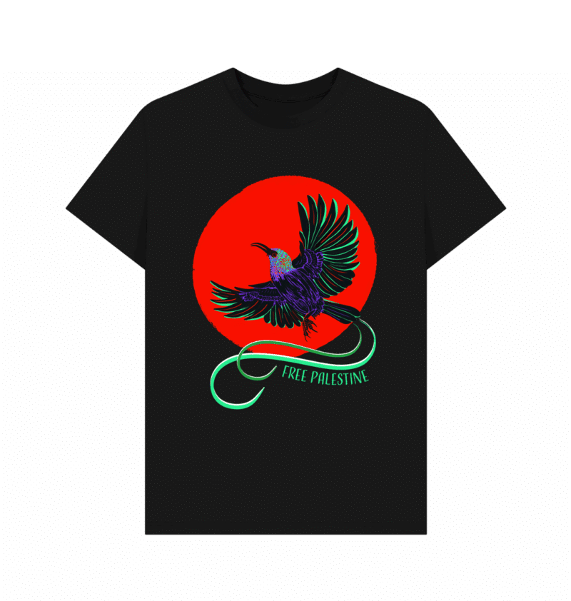 regular organic black t-shirt with sunbird flying through red sun and the words free palestine - raising money for map