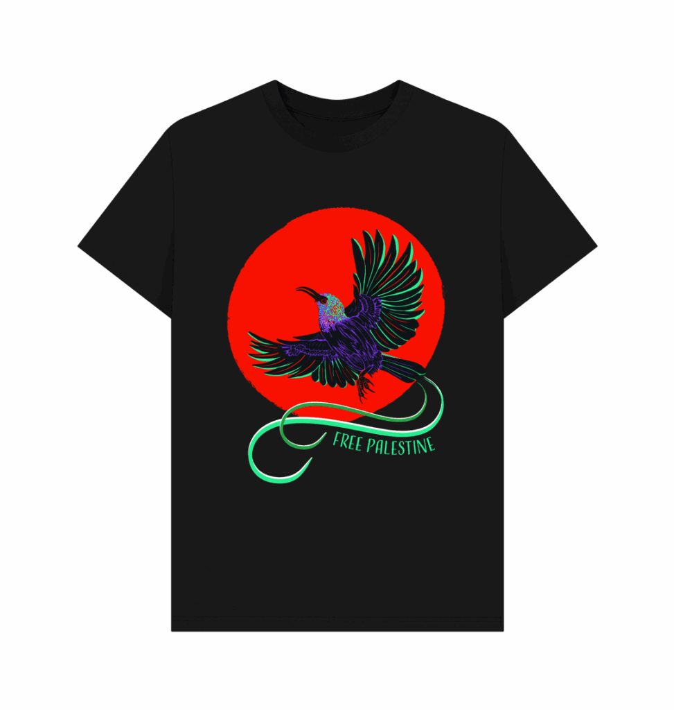 regular organic black t-shirt with sunbird flying through red sun and the words free palestine - raising money for map