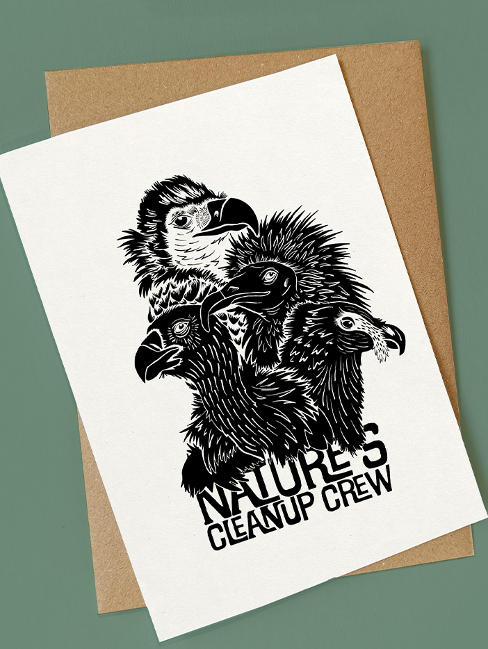 illustrated vultures monochrome card with natures clean up crew