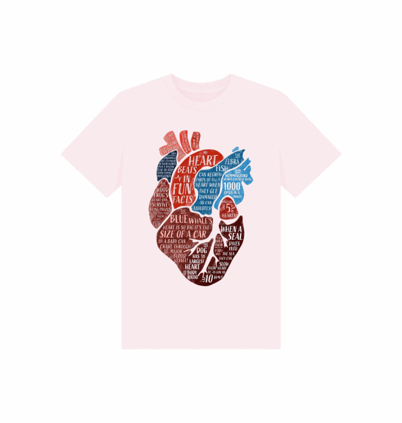 Pink coloured t-shirt with anatomical heart filled within animal fun facts printed on it. Design by Curious Kin, Min Dawson.