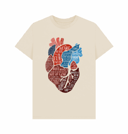 Oat coloured t-shirt with my heart beats in fun facts design printed on it designed by Curious Kin.