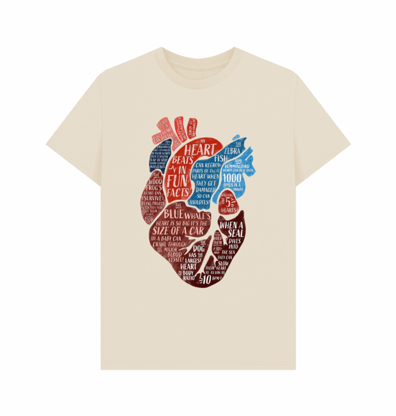 Oat coloured t-shirt with my heart beats in fun facts design printed on it designed by Curious Kin.