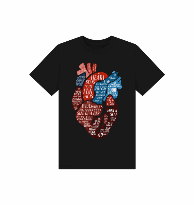 Black coloured t-shirt with anatomical heart filled within animal fun facts printed on it. Design by Curious Kin, Min Dawson.