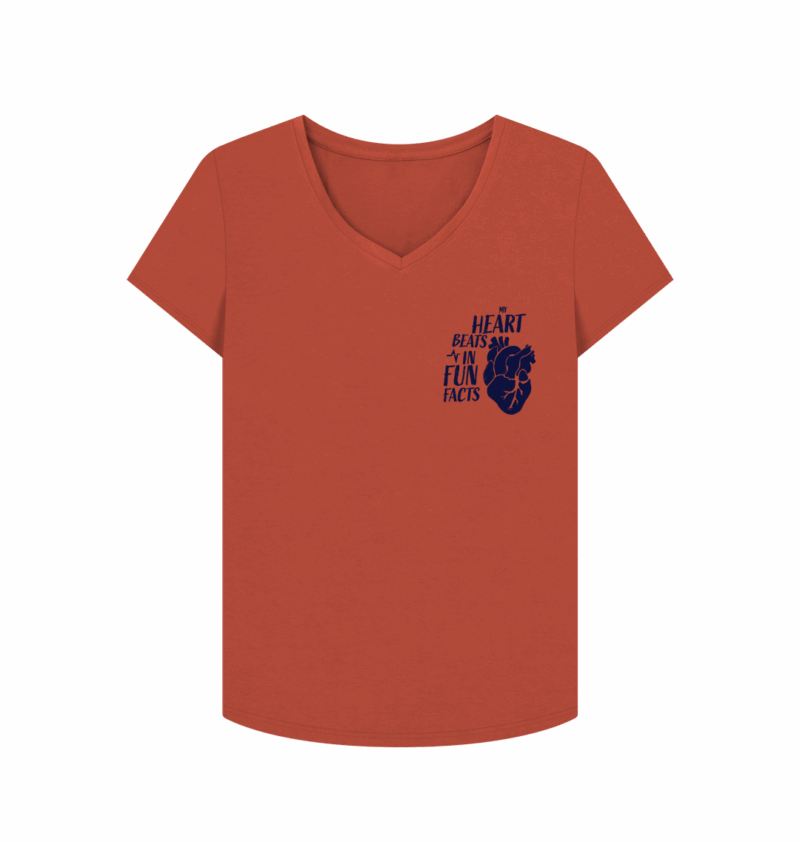 My Heart Beats in Fun Facts printed t-shirt, women's v-neck, (double sided print)