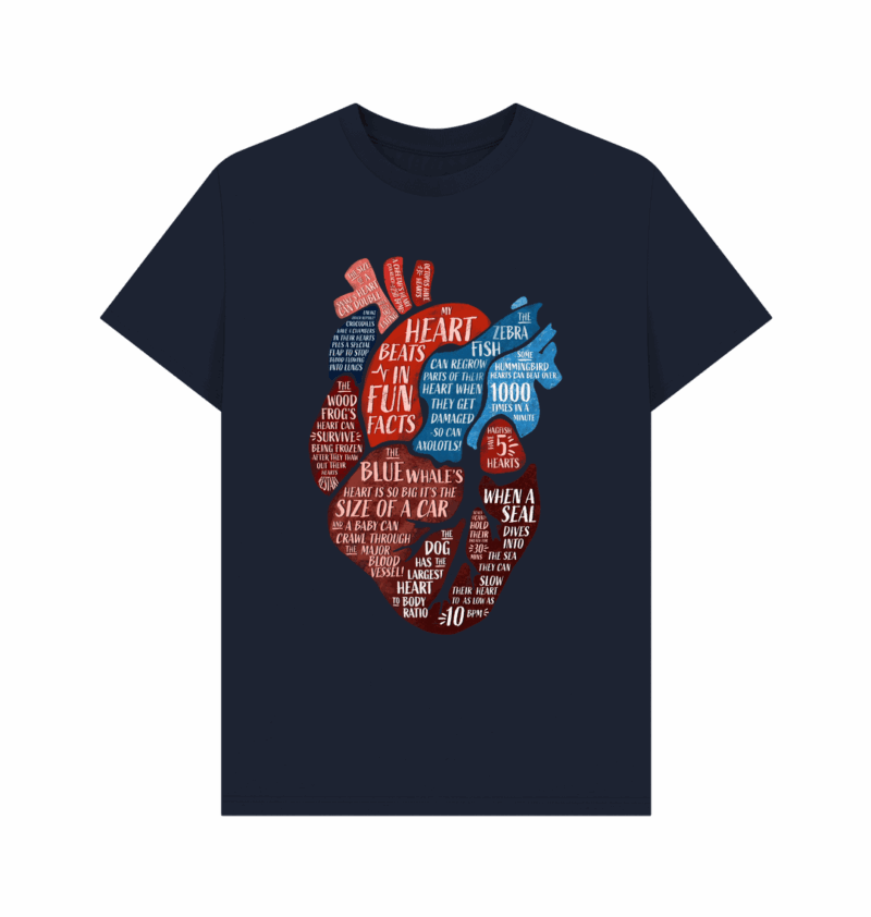 Navy blue coloured t-shirt with my heart beats in fun facts design printed on it designed by Curious Kin.