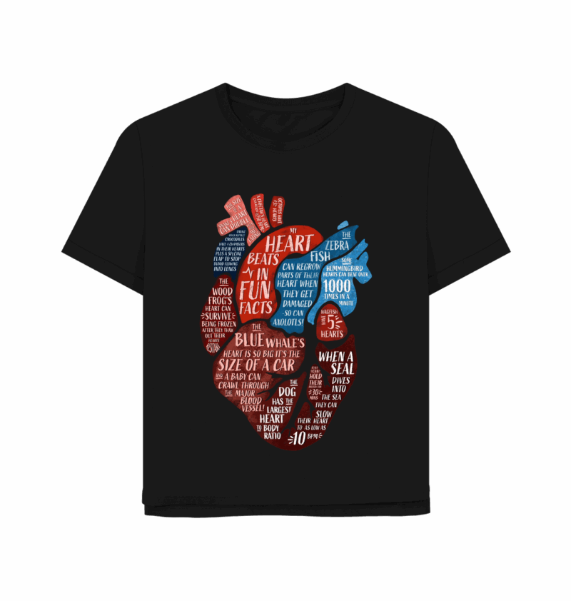 Black coloured womens relaxed fit t-shirt with human anatomical heart art filled with animal fun facts printed on it, designed by Min Dawson for Curious Kin.
