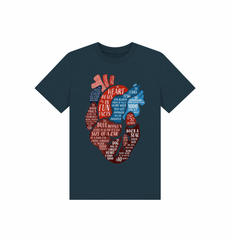 Denim Blue coloured t-shirt with anatomical heart filled within animal fun facts printed on it. Design by Curious Kin, Min Dawson.