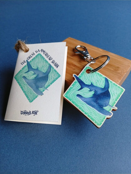 Diamond wooden keyring charm with greater hammerhead shark and keyring with retractable clip and mini card. By Curious Kin.