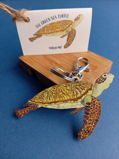 Wooden keyring with mini card of Green Sea Turtle