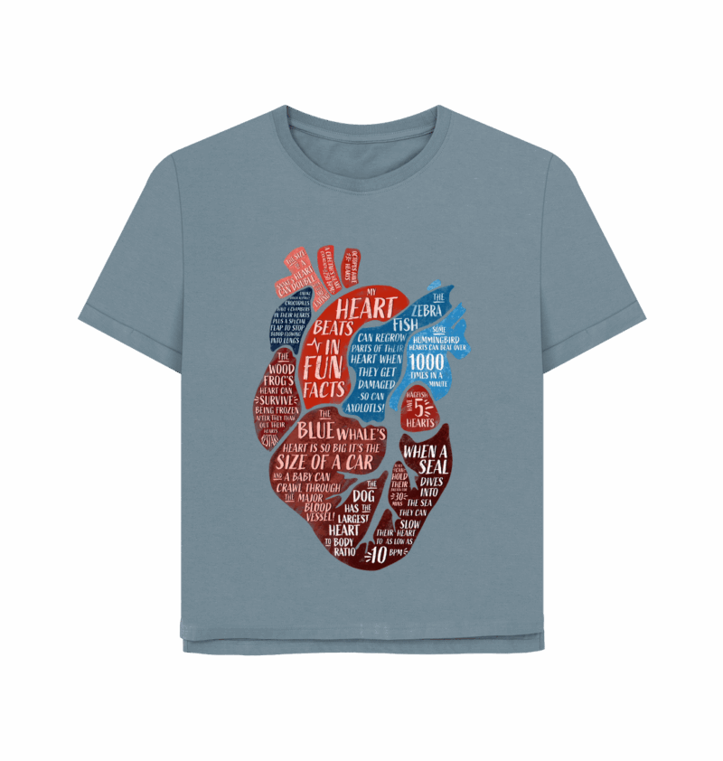 Stone blue coloured womens relaxed fit t-shirt with human anatomical heart art filled with animal fun facts printed on it, designed by Min Dawson for Curious Kin.