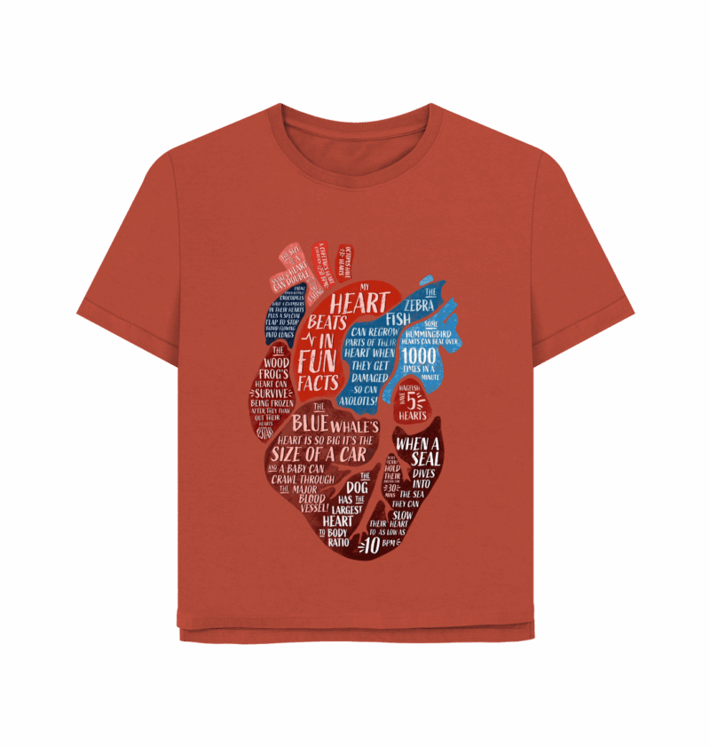 Red coloured womens relaxed fit t-shirt with human anatomical heart art filled with animal fun facts printed on it, designed by Min Dawson for Curious Kin.