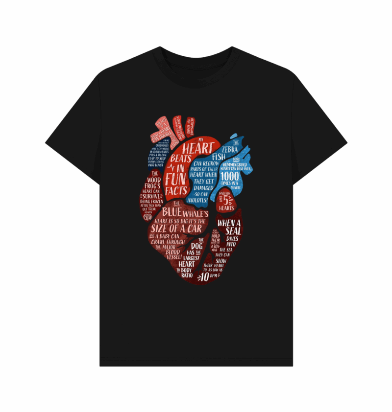Black coloured t-shirt with my heart beats in fun facts design printed on it designed by Curious Kin.