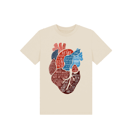 Oat coloured t-shirt with anatomical heart filled within animal fun facts printed on it. Design by Curious Kin, Min Dawson.