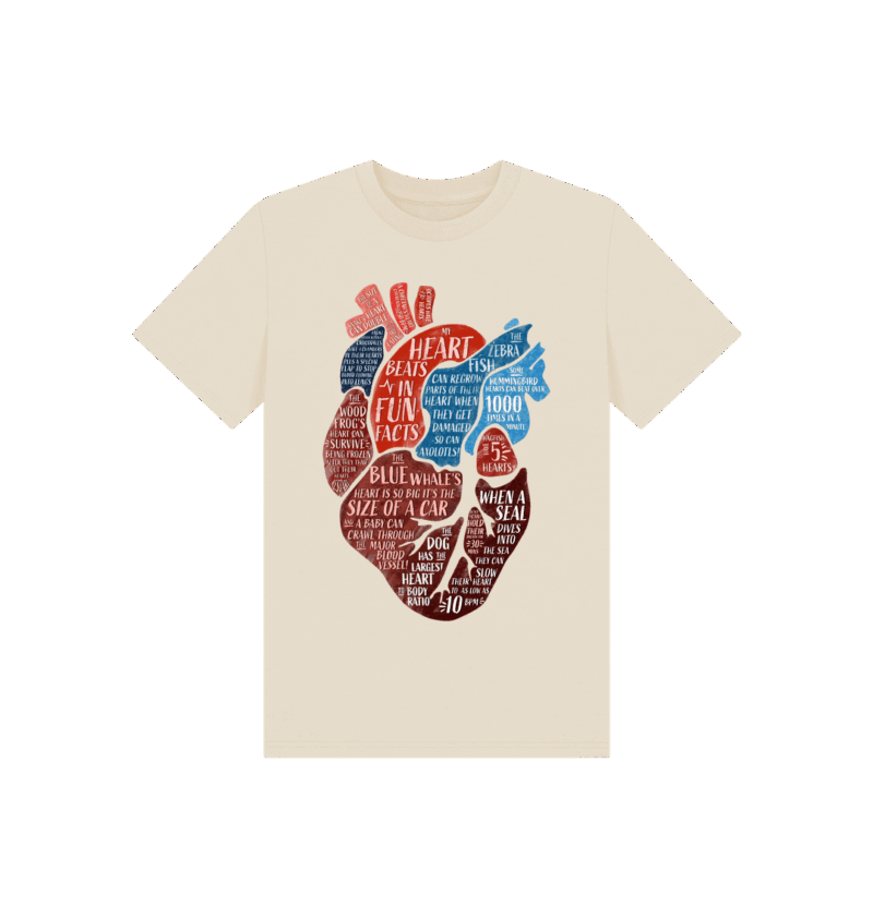 Oat coloured t-shirt with anatomical heart filled within animal fun facts printed on it. Design by Curious Kin, Min Dawson.