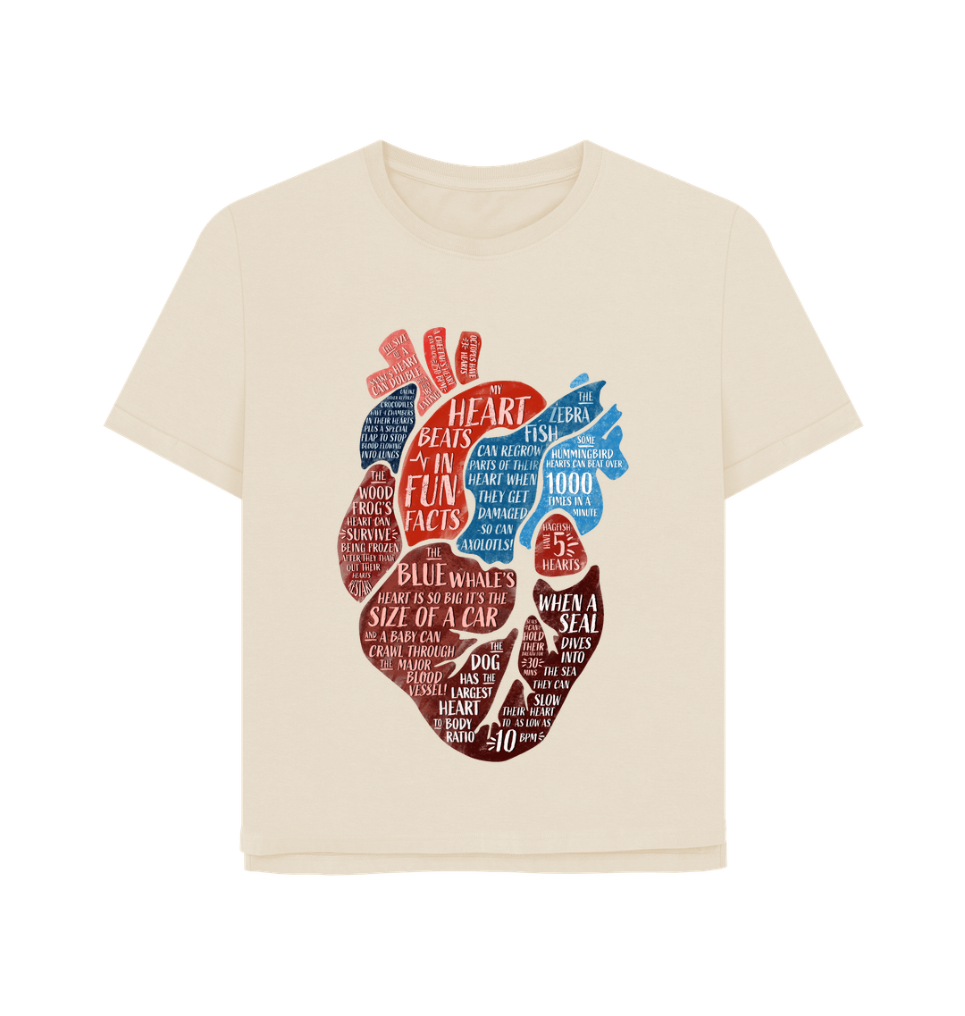 Oat coloured womens relaxed fit t-shirt with human anatomical heart art filled with animal fun facts printed on it, designed by Min Dawson for Curious Kin.