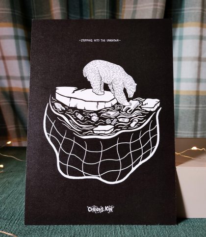 Black and white A5 print of an illustration of a polar bear ice on a ice flote surrounded by ocean and plastic pollution caught in ghost netting with words into the unknown