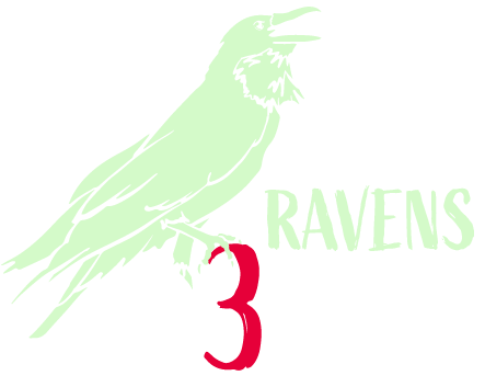 Glow green stamp art of raven with number 3 and title raven