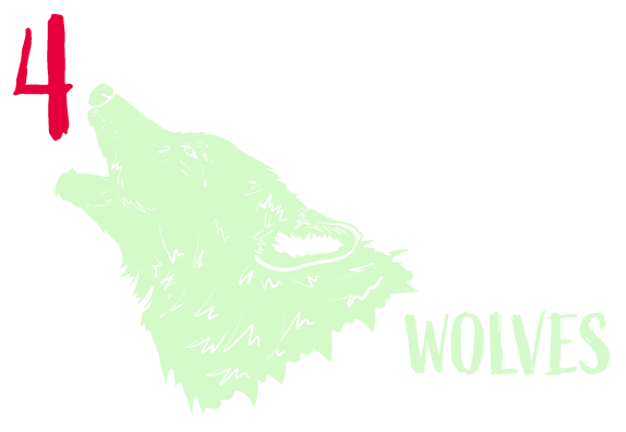 Glow green stamp art of wolf head howling with number 4 and title wolves