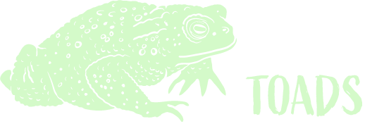 Glow green stamp illustration of a common toad with header text 'toads'