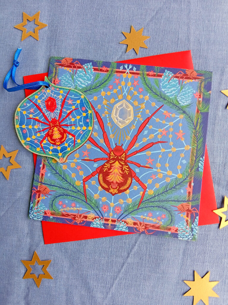 Christmas spider wooden decoration and card