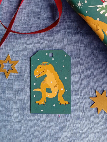 Christmas T-rex dinosaur gift tag