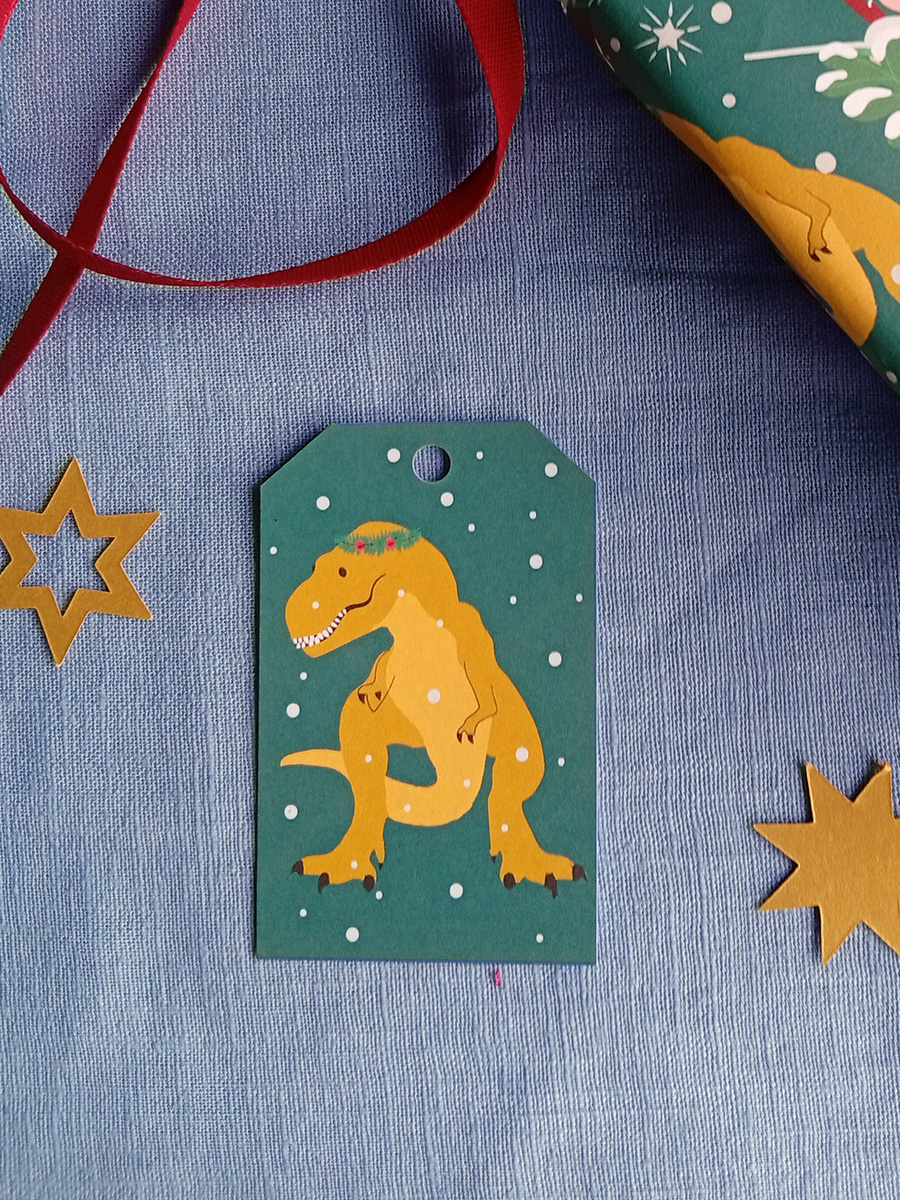Christmas T-rex dinosaur gift tag