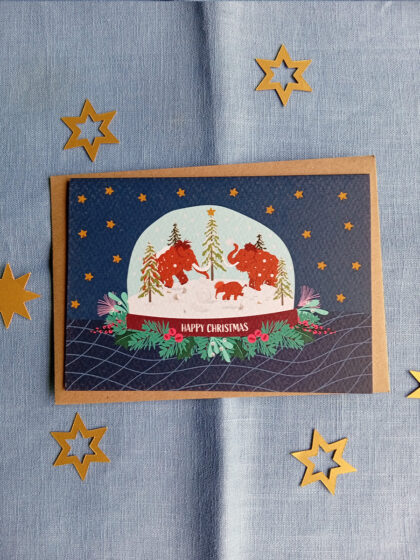 Happy Christmas mammoth snow globe christmas card and envelope with gold stars