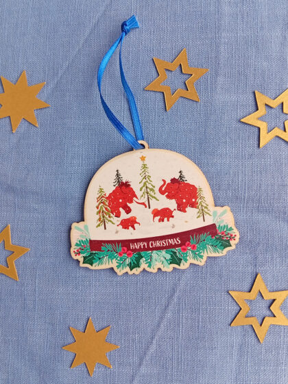 Woolly Mammoth Family Snow Globe Christmas Wooden Decoration