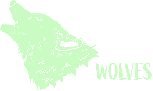 Wolf head howling green stamp and words wolves