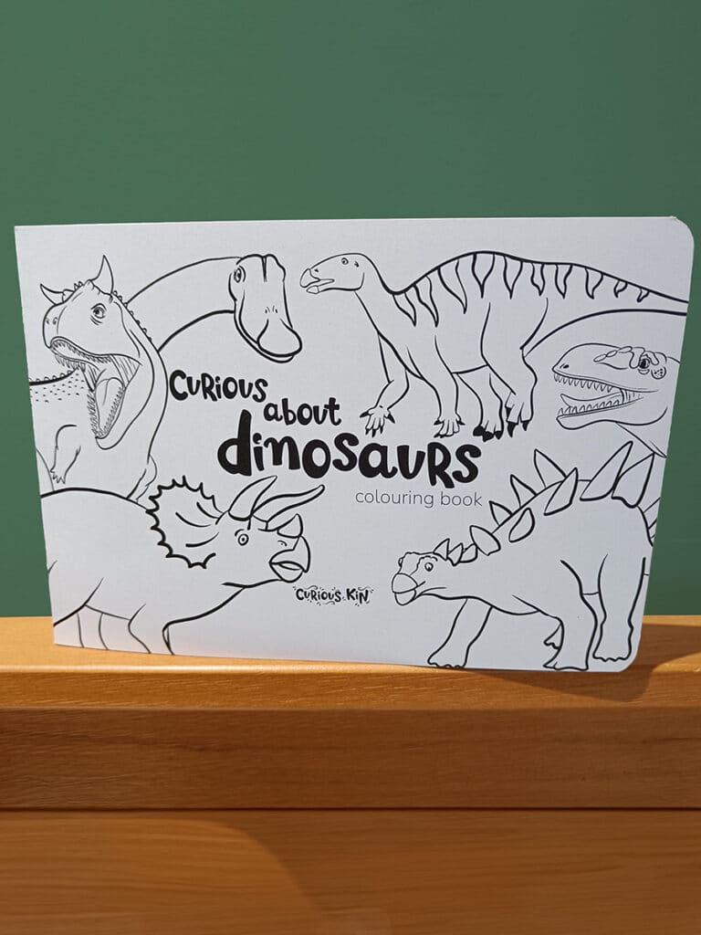 dino colouring book on wooden shelf with green background by curious kin